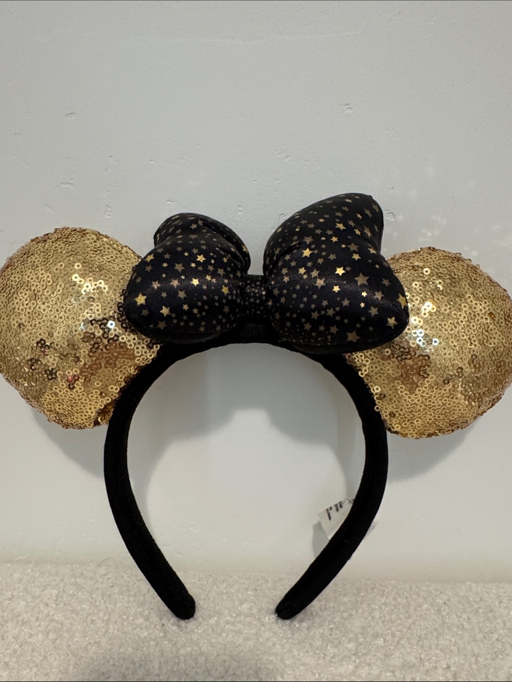 Disneyland Oaris Gold Sequin Minnie Ears Style Headband with Black Star Bow